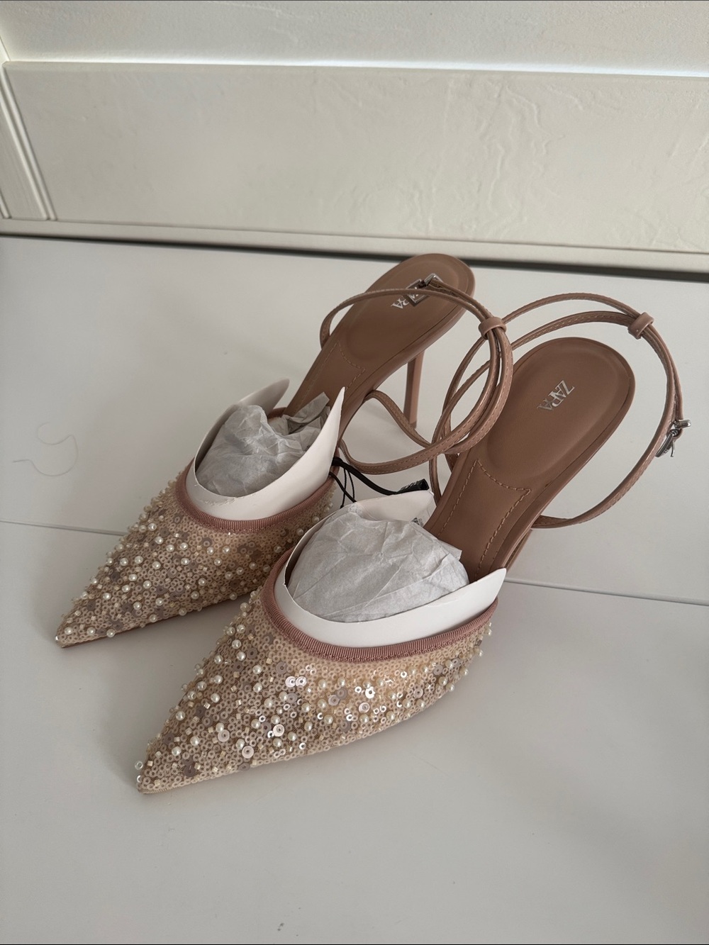 ZARA Rose Gold Sequin Pointed Slingback Heels